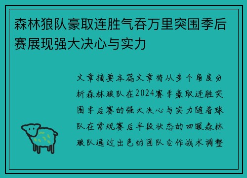 森林狼队豪取连胜气吞万里突围季后赛展现强大决心与实力