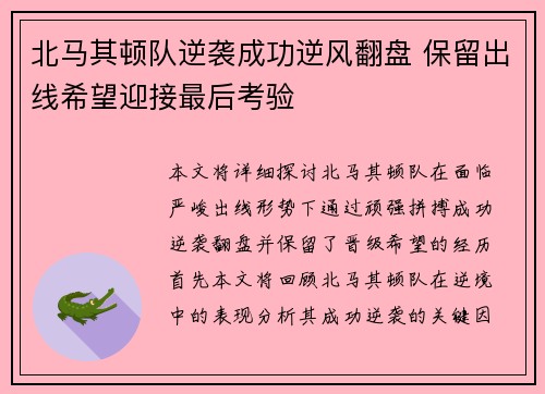 北马其顿队逆袭成功逆风翻盘 保留出线希望迎接最后考验