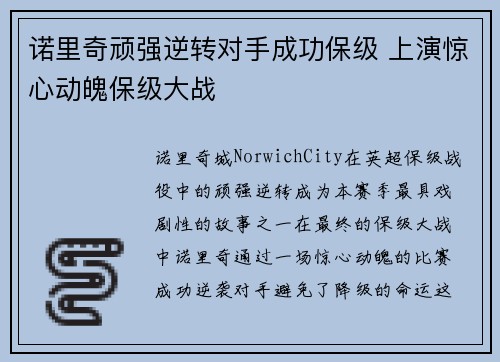 诺里奇顽强逆转对手成功保级 上演惊心动魄保级大战