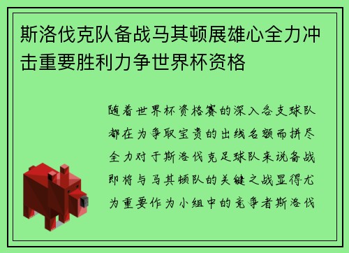 斯洛伐克队备战马其顿展雄心全力冲击重要胜利力争世界杯资格