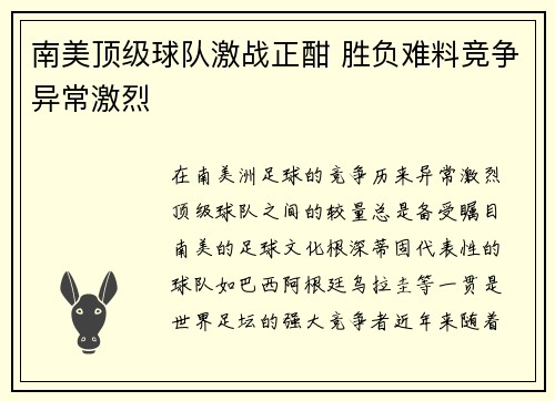 南美顶级球队激战正酣 胜负难料竞争异常激烈