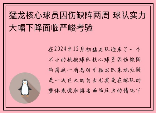 猛龙核心球员因伤缺阵两周 球队实力大幅下降面临严峻考验