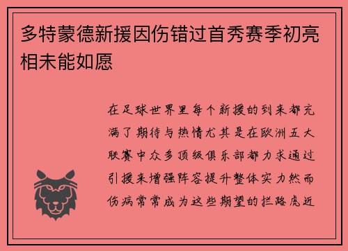 多特蒙德新援因伤错过首秀赛季初亮相未能如愿