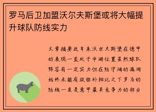 罗马后卫加盟沃尔夫斯堡或将大幅提升球队防线实力
